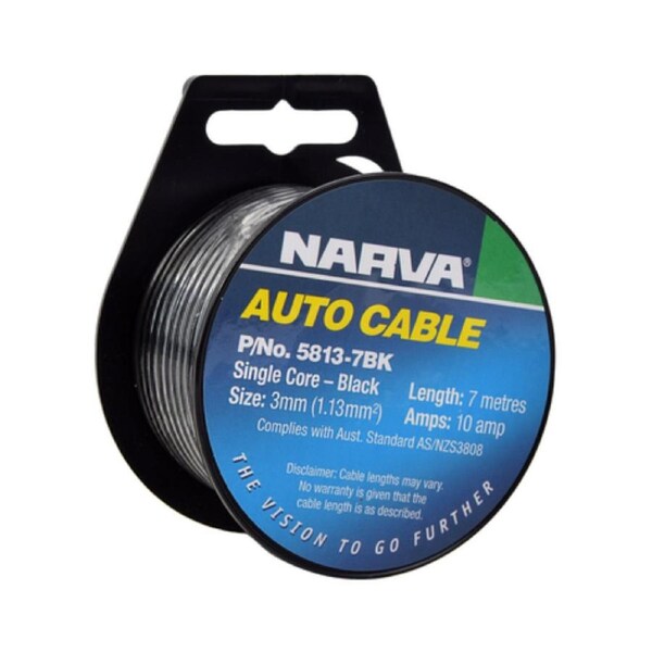 Narva 10A 3mm Black Single Core Cable 7m Copper Wire Durable