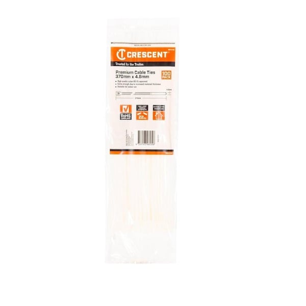 Crescent Cable Ties - 370mm x 4.8mm Nylon - Extra Strength - 100 Pk