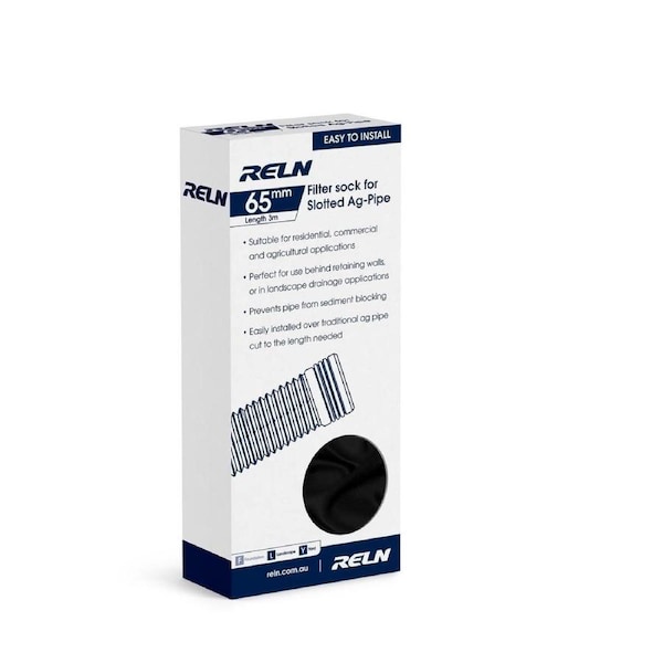 Reln 65mm x 3m Filter Sock for Slotted Ag-Pipe Black Textile