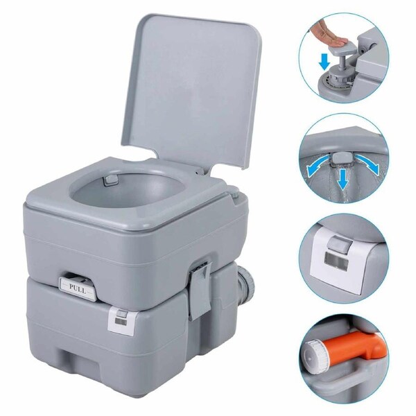 Costway 22L Portable Camping Toilet Outdoor 120 Flush Porta Potty Boating Caravan RV Travel w/Level Indicator Detachable Tank Grey
