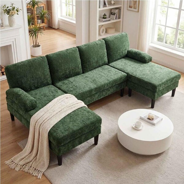 Costway Sectional Couch Sofa Modern Double Chaise w/Padded Pillow Upholstered 4 Seater Elevated Indoor Living Green
