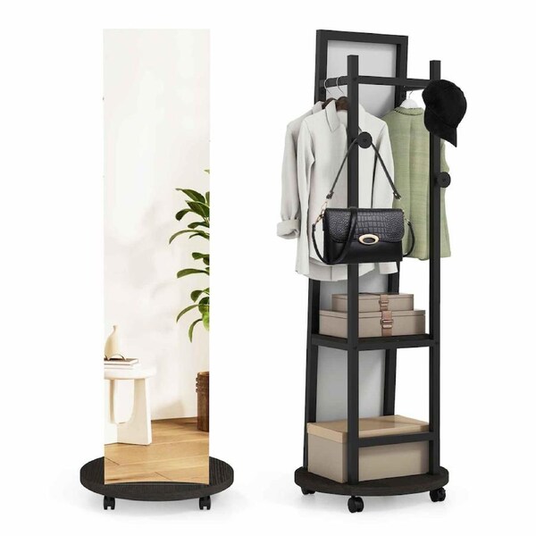 Costway Coat Rack Clothes Tree Hanger Full Length Mirror 360°Swivel Floor Standing 3Hook Shelves Bedroom Closet Walnut