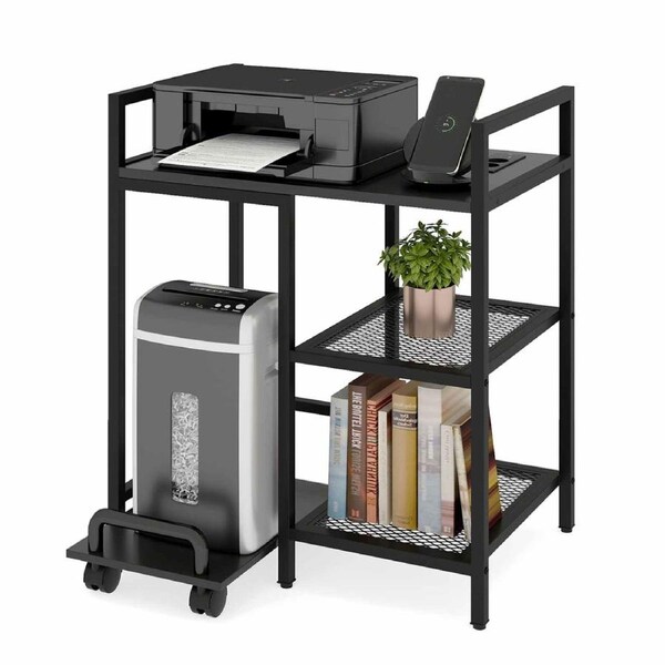Costway Printer Stand w/Charging Station 3Tier Printer Table Storage Shelf Mobile Shredder Stand PC Tower Stand Black