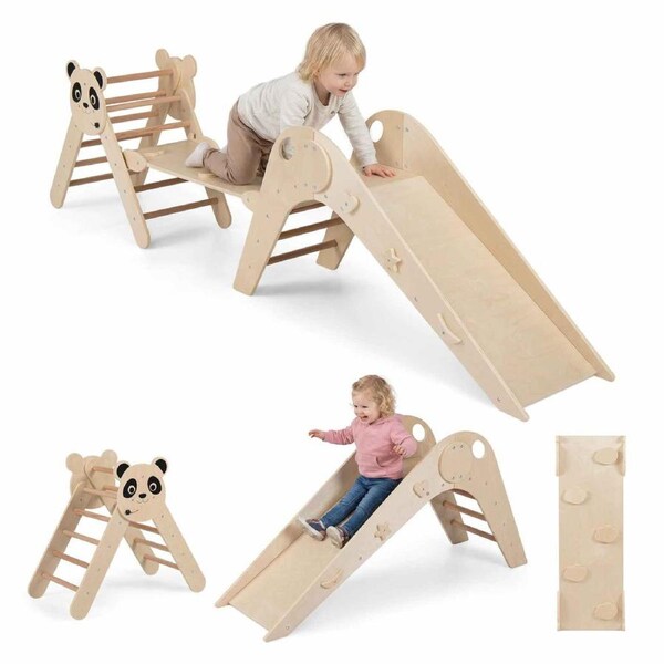 Costway Climb Playset Wood Panda Triangle Play Set Foldable Climbing Frame Montessori Toys Slide Ramp Ladder Natural