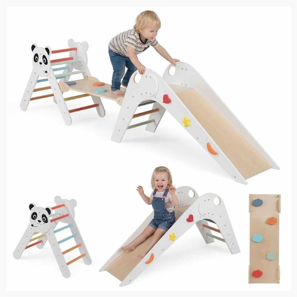 Costway Climb Playset Wood Panda Triangle Play Set Foldable Climbing Frame Slide Ramp Ladder Montessori Toys Multi