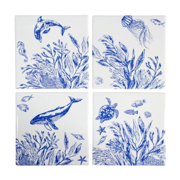 4pc LVD Blue Underwater Glossy Square Ceramic Coaster Set Tableware 10x10cm