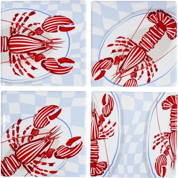 4pc LVD Square Glossy Lobsters Ceramic Coaster Set Tableware 10x10cm