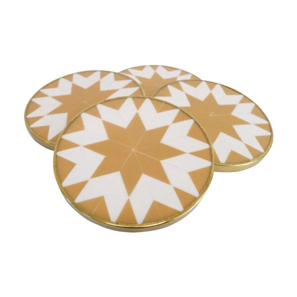 4pc LVD Handcrafted Natural Brass Trim Metal Coaster Set Tableware 10cm