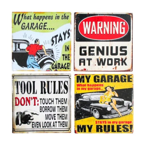 4pc LVD Glossy Ceramic Vintage Garage Tools Coaster Set Tableware 10x10cm