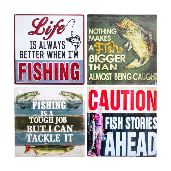 4pc LVD Glossy Ceramic Square Retro Fishing Coaster Set Tableware 10x10cm