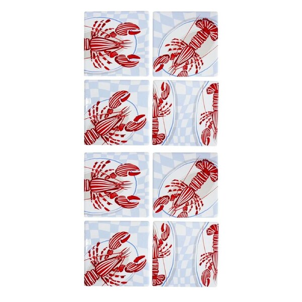 2x 4pc LVD Square Glossy Lobsters Ceramic Coaster Set Tableware 10x10cm