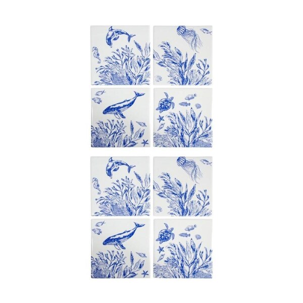 2x 4pc LVD Blue Underwater Glossy Square Ceramic Coaster Set Tableware 10x10cm