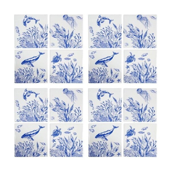 4x 4pc LVD Blue Underwater Glossy Square Ceramic Coaster Set Tableware 10x10cm
