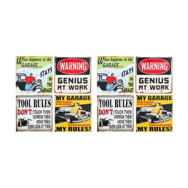 2x 4pc LVD Glossy Ceramic Vintage Garage Tools Coaster Set Tableware 10x10cm