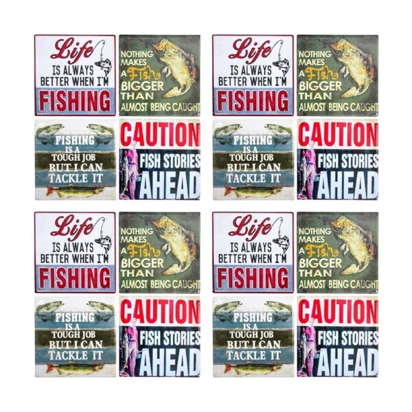 4x 4pc LVD Glossy Ceramic Square Retro Fishing Coaster Set Tableware 10x10cm