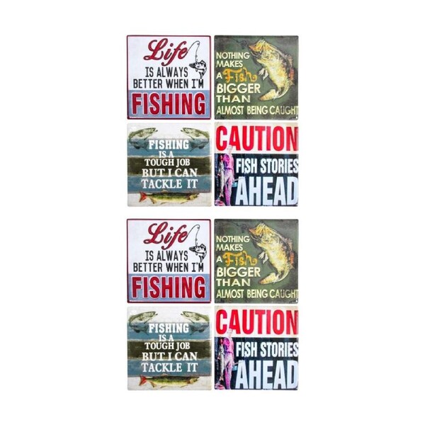 2x 4pc LVD Glossy Ceramic Square Retro Fishing Coaster Set Tableware 10x10cm