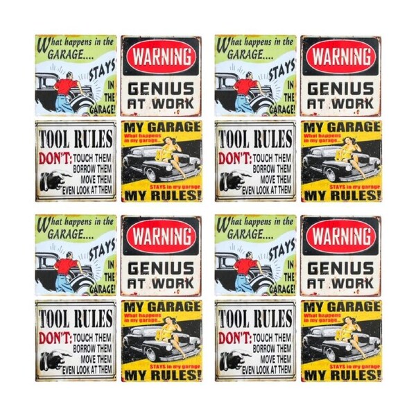 4x 4pc LVD Glossy Ceramic Vintage Garage Tools Coaster Set Tableware 10x10cm