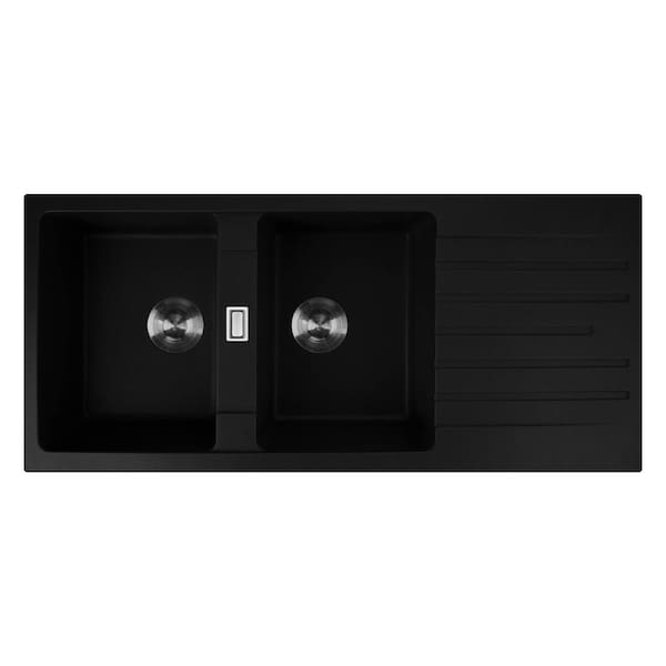 1160mm Black Granite Stone Drainer Board Kitchen Sink Double Bowls