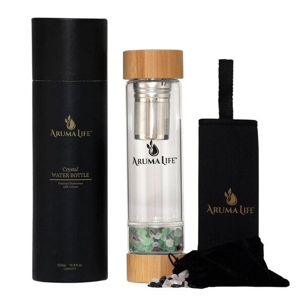 Aruma Life Crystal Water Bottle with a Loose-Leaf Tea/Fruit Infuser - Rainbow Fluorite & Obsidian/Rose Quartz Mix