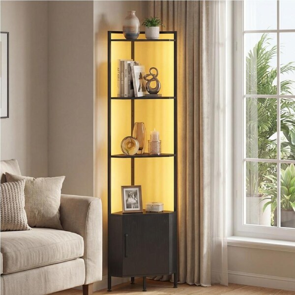 Advwin 4-Tier Corner Cabinet with LED Light 160cm Standing Display Bookshelf Black