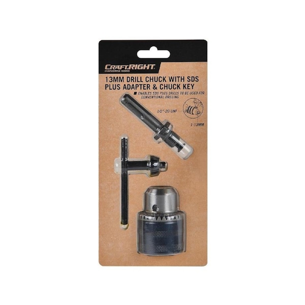 Craftright 13mm Drill Chuck with SDS Plus Adapter and Chuck Key - Silver
