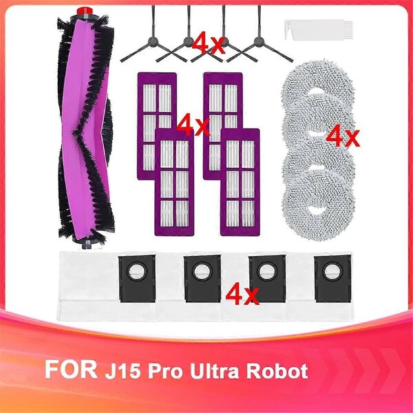 18Pcs Replacement Parts for J15 Pro Ultra Robot Vacuum Cleaner,Main Roller Brush Side Brushes Hepa Filters