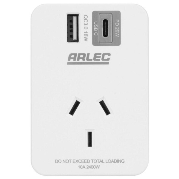Arlec Power Adapter - Rapid Charging USB A & C PD20W - 2 Ports - White - Compact Design