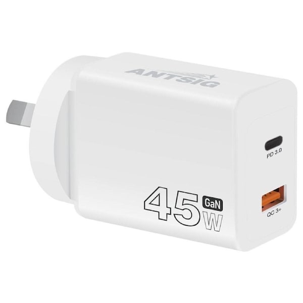 Antsig 45W 2 Port USB GaN Wall Charger - Compact - White - Fast Charging