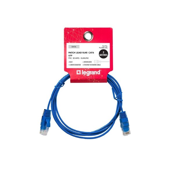 Legrand 2m Blue Cat6 RJ45 UTP Slimline Patch Lead PLC6BU-2SL