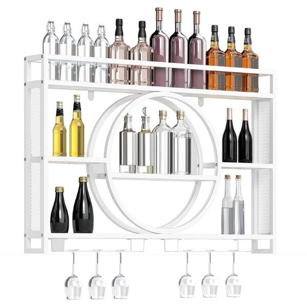 Giantex Wall-Mounted 3-Tier Metal Wine Rack w/Glass Holders Large Capacity Floating Bar Shelf for Liquor Whiskey & Bottle Display Modern Hanging Storage
