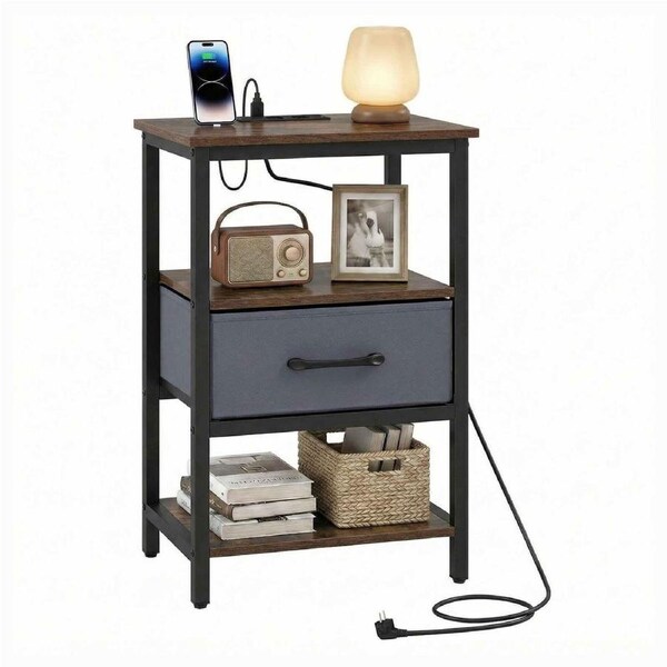 Costway Industrial Bedside Table Nightstand Bed End Side Table Storage Shelf w/Drawer & Power Outlets Living Bedroom