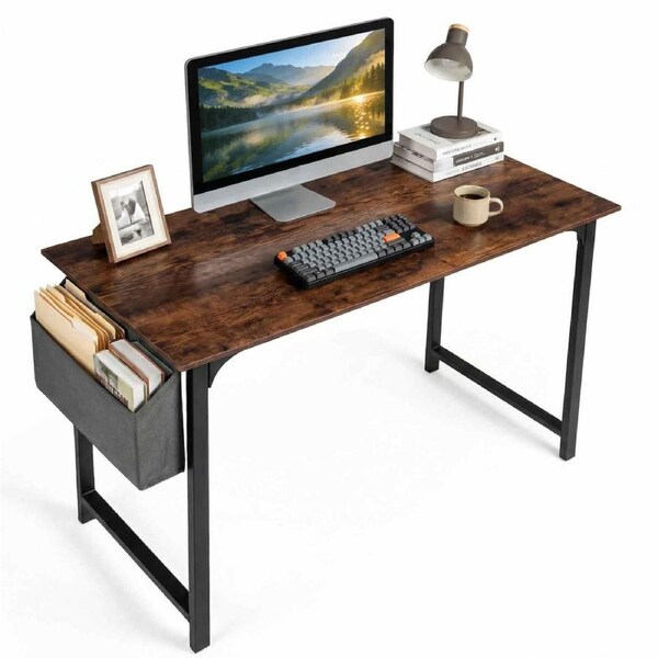 Costway Computer Desk Industrial Study Writing Table Metal PC Desk Gaming Home Office w/Storage Bag & Hanging Hook