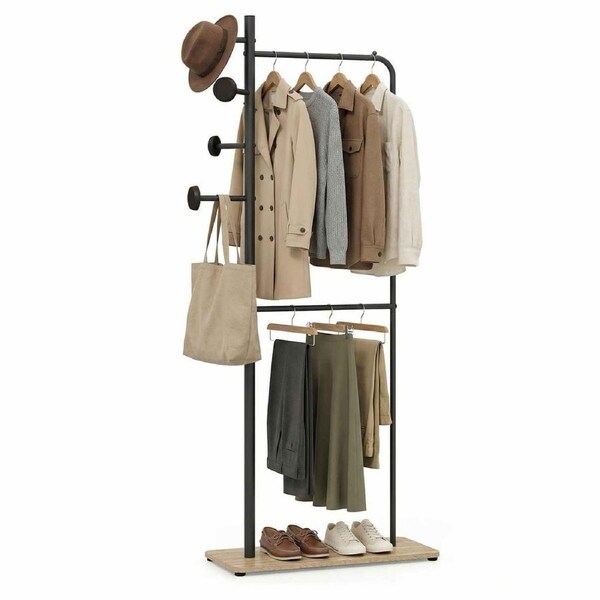Costway Double Rod Clothes Hanging Rack Coat Stand Garment Organizer w/Wood Hooks Shelf Metal Bedroom Laundry Living