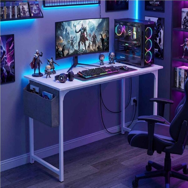 Costway Computer Desk Industrial Study Writing Table Metal PC Desk Gaming Home Office w/Storage Bag & Hanging Hook White