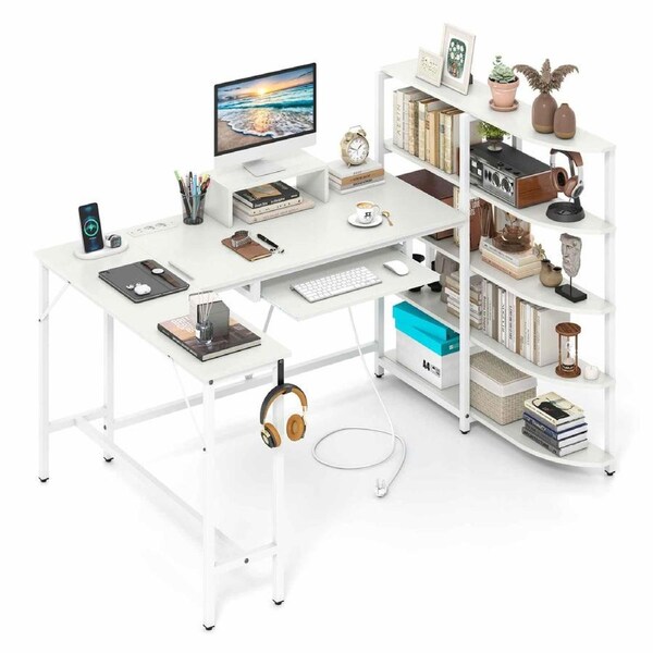 Costway L Shaped Computer Desk Bookshelf w/Charging Station Monitor Stand Office Writing Table Gaming Study White