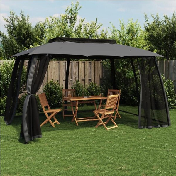 Gazebo with Double Roof&Mesh Walls Anthracite 3.93x2.93 m Steel vidaXL