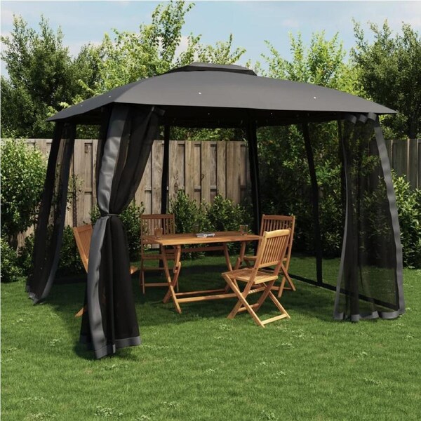 Gazebo with Double Roof&Mesh Walls Anthracite 2.93x2.93 m Steel vidaXL