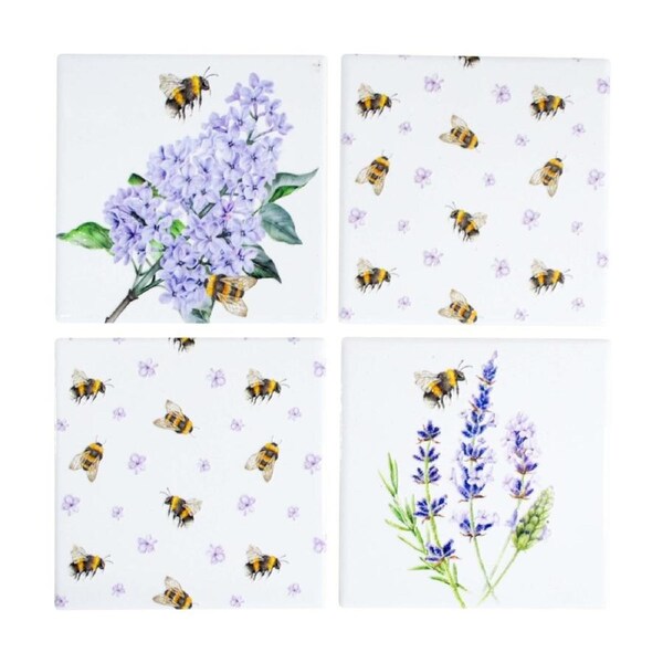 4pc LVD Decorative Bees & Lavender Ceramic Square Drink Coasters Decor 10x10cm