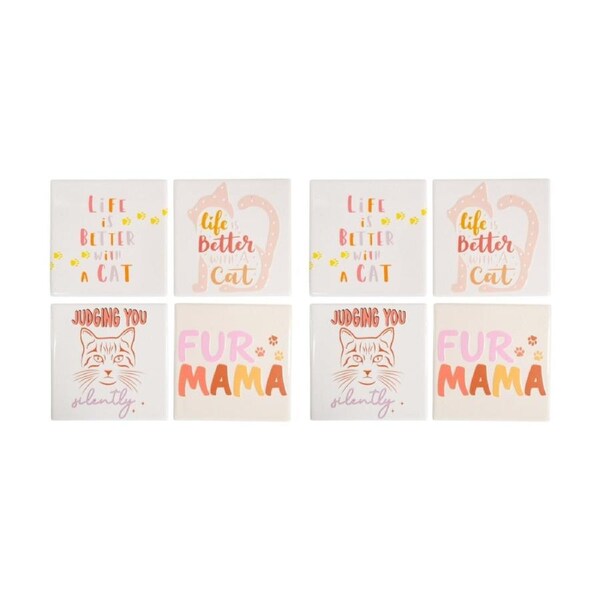 2x 4pc LVD Decorative Cat Sayings Ceramic Square Drink Coasters Decor 10x10cm