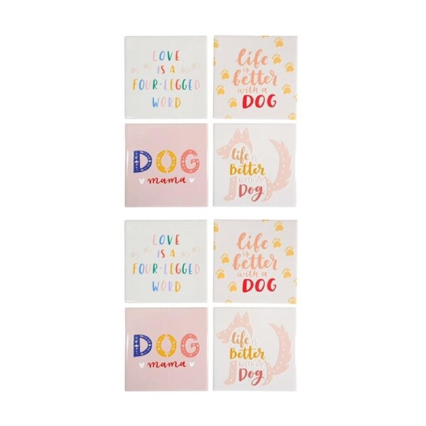 2x 4pc LVD Decorative Dog Sayings Ceramic Square Drink Coasters Decor 10x10cm