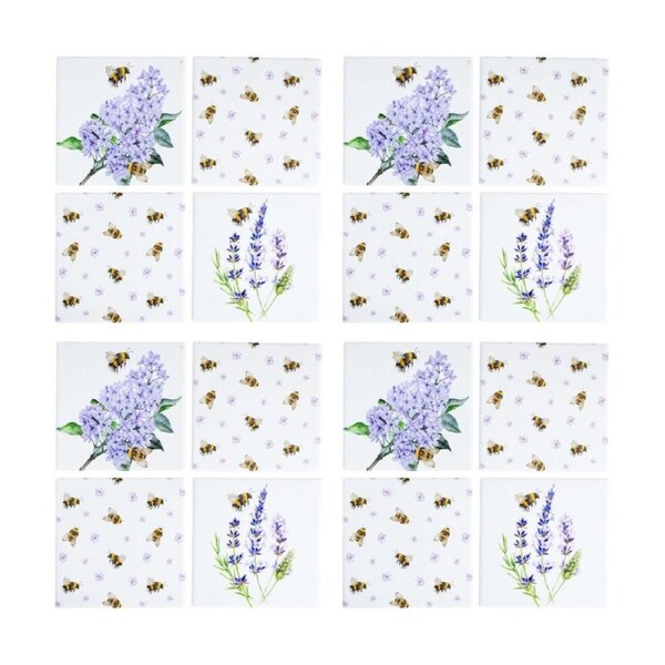 4x 4pc LVD Decorative Bees & Lavender Ceramic Square Drink Coasters 10x10cm