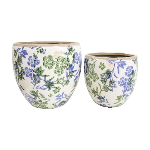 2pc LVD Handcrafted Botanical Blue Ceramic Planter Set Outdoor Decor Lrg/Sml