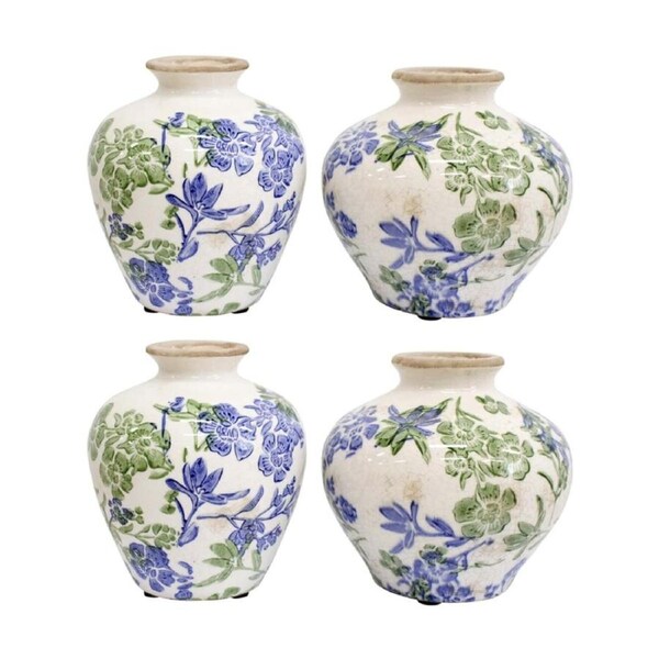 2x 2pc LVD Handcrafted Squat Botanical Blue Ceramic Bud Vase Set Lrg/Sml