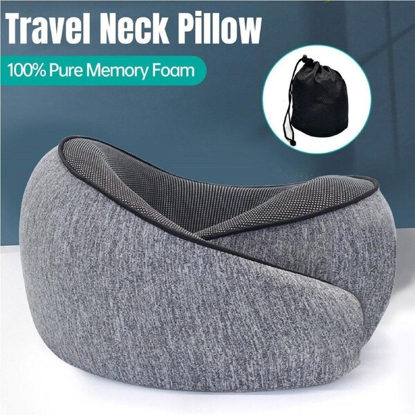 U-Shaped Travel Neck Pillow with Memory Foam & Breathable Cover - Grey