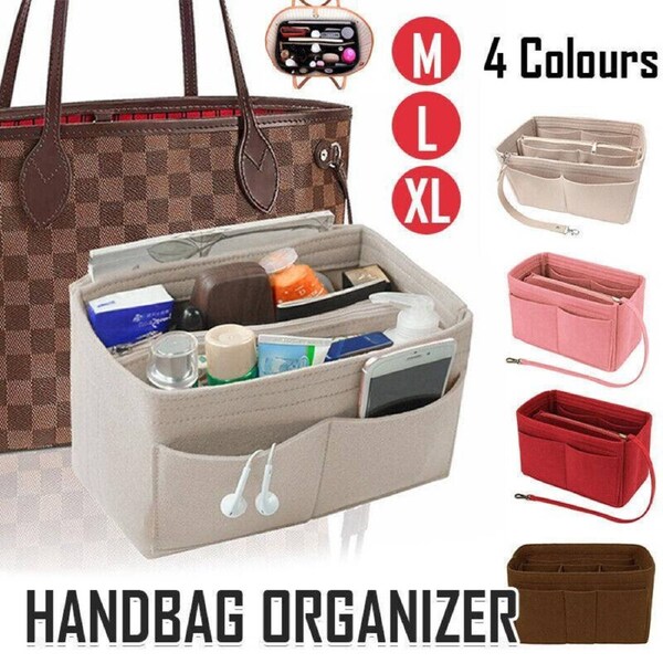 Felt Handbag Organizer Insert - Multiple Pockets for Tote and Purse Pink L