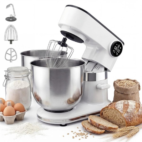 Advwin Dual Bowl Stand Mixer, 1800W Food Mixer with Touch Control, 8-Speed Kitchen Machine with Timer, Tilt-Head Electric Mixer, Dishwasher Safe, Food Processor for Dough, Cake & Bread