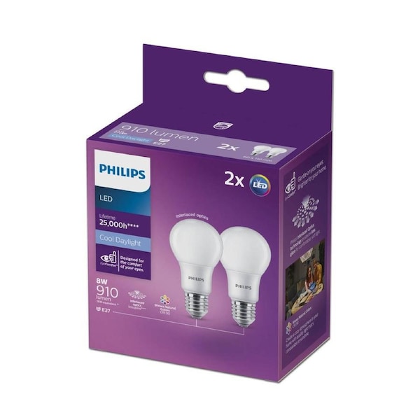 Philips A60 E27 LED Globe 910lm Cool Daylight 8W 2 Pack 61mm x 109mm