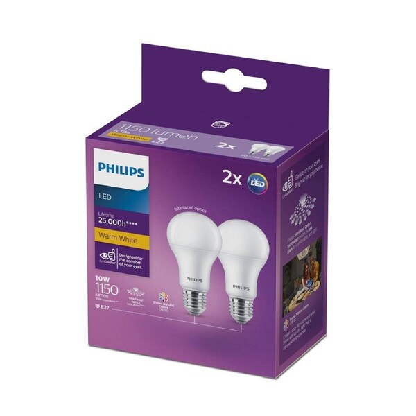 Philips A60 E27 LED Globe 2 Pack - 10W 1150lm Warm White - 61mm x 109mm