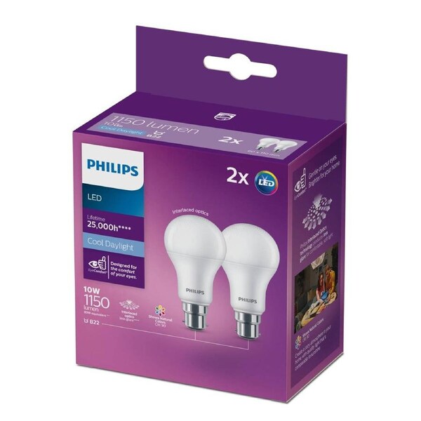 Philips A60 B22 LED Globe 10W 1150lm Cool Daylight 2 Pack 61mm x 109mm