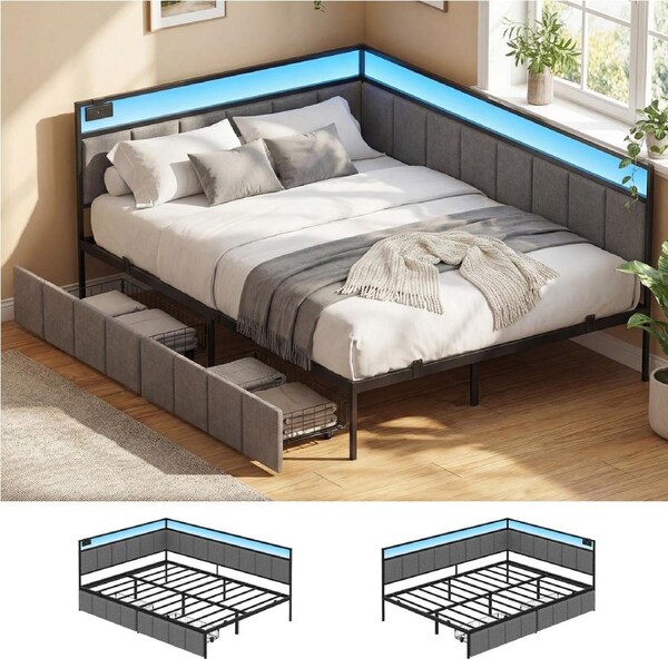 Advwin Corner Double Bed Frame with 2 Storage Drawers and Charging Station Bedroom Living Room Gray